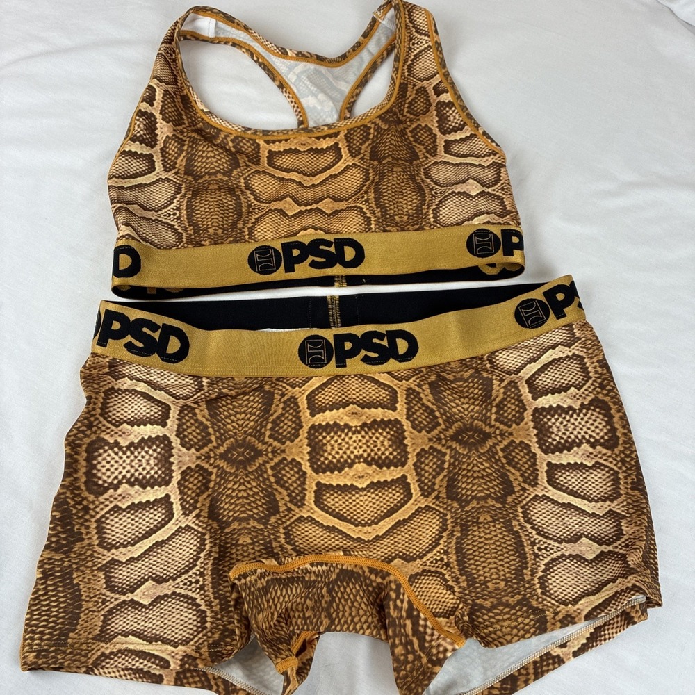 PSD Underwear Womens Medium Snakeskin Sports Bra and Boy Short Set Brown Gold